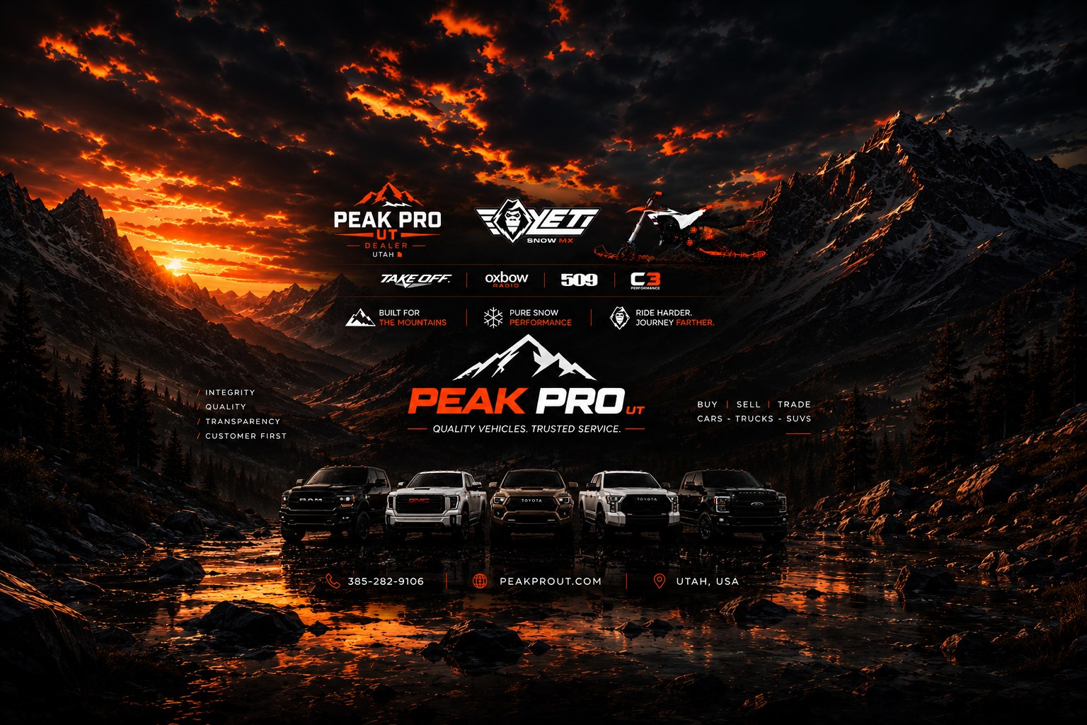 Peak Pro UT dealership vehicles and Utah mountains